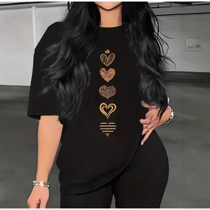 Women's Casual Short Sleeve Round Neck T-Shirt With Heart Print - Summer Fashion Loose Fit Tee For Streetwear & Daily Wear_ecoleips.com