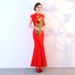 Elegant Chinese Qipao Dress With Peacock Pattern, Short Sleeve Lace Fishtail Hem, Slim-Fit Banquet & Wedding Reception Dress_ecoleips.com