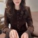 Elegant Luxurious Velvet And Mesh Patchwork Slim-Fit Long-Sleeve Shirt For Women, Fall 2025, High-End Fashionable Blouse_ecoleips.com