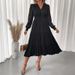 Elegant V-Neck Lace Long Sleeve Dress – Sweet & Sophisticated Solid Color Midi Dress For Women (S-XL, Black)_ecoleips.com