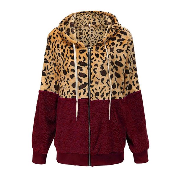 Women's Cropped Leopard Print Zip-Up Hoodie Fleece Jacket – Oversized Fit, Long Sleeve, Streetwear Fashion (White/Khaki/Black/Wine Red/Army Green)_ecoleips.com