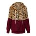 Women's Cropped Leopard Print Zip-Up Hoodie Fleece Jacket – Oversized Fit, Long Sleeve, Streetwear Fashion (White/Khaki/Black/Wine Red/Army Green)_ecoleips.com