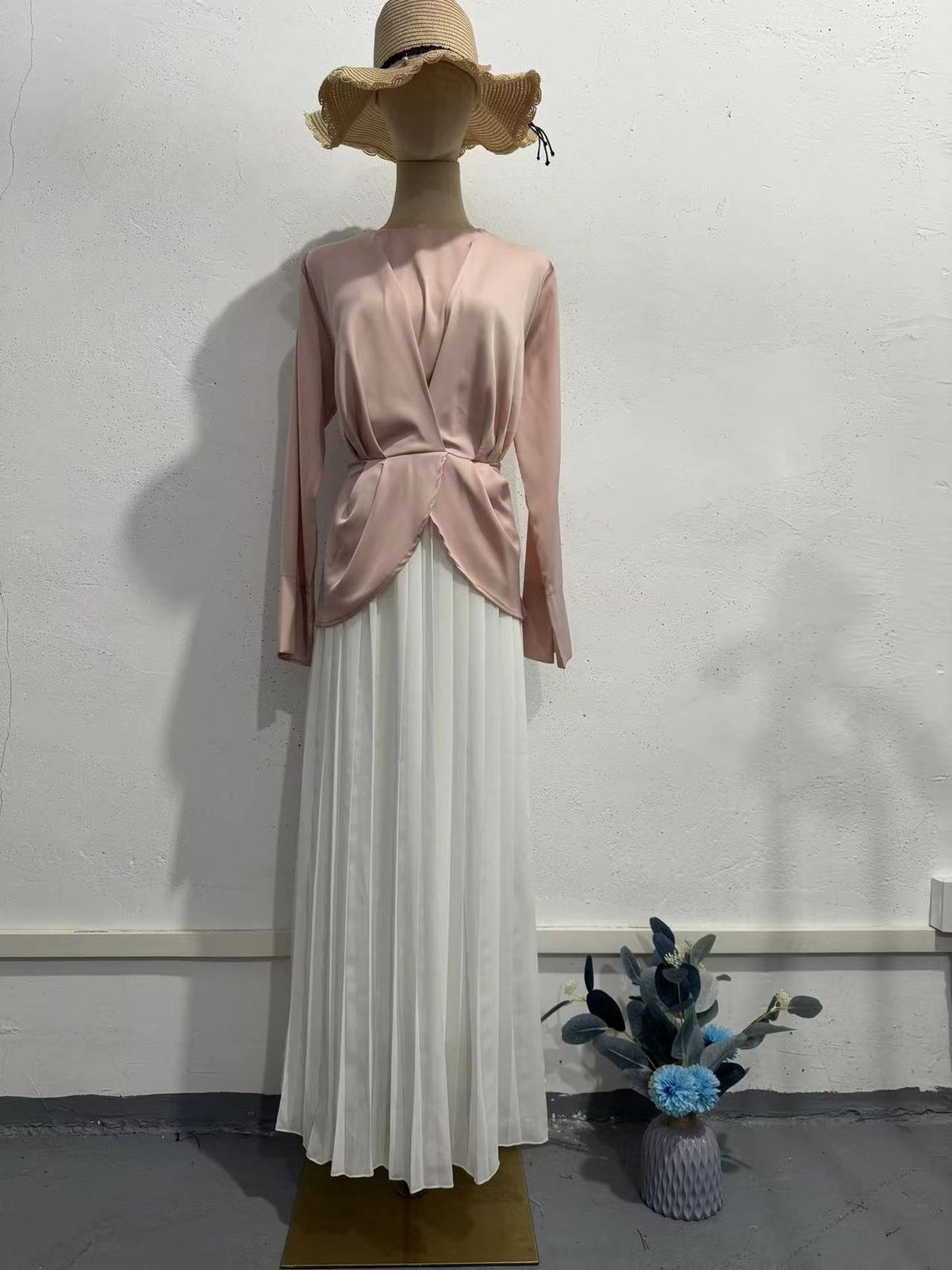 Modest Abaya Dress Women's Elegant Long Sleeved Color Blocked Dress Autumn Fashion Pleated Skirt Year Round Polyester_ecoleips.com