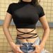 Solid Color Cut Exposed Navel Cross Tie Short Sleeved T-shirt Women, Versatile For Summer, Slim Fit, High Waist, Careful_ecoleips.com