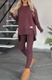 Women's Split Hem Long Sleeve Round Neck Casual Solid Color Top Set - Comfortable Daily Wear For Autumn & Winter_ecoleips.com
