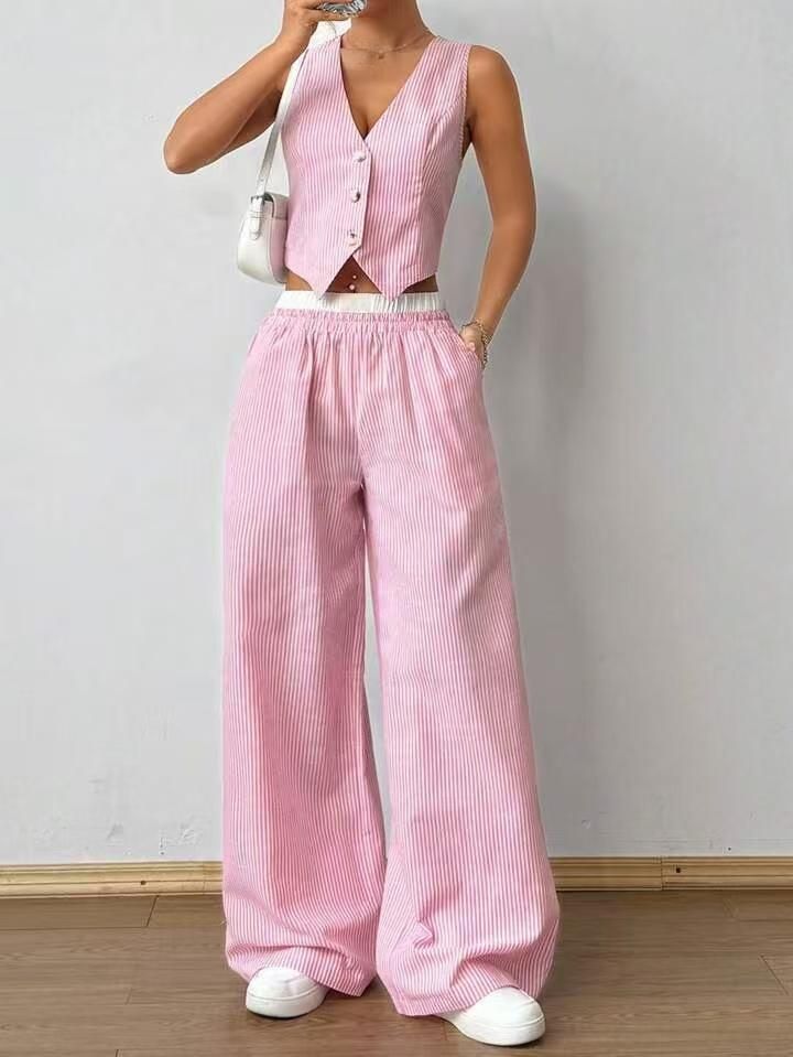 Women's Clothing Women's Striped Vest & Pants Set – Office Chic Cotton-Linen Suit (S-L, Grey/Pink)_ecoleips.com