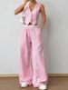 Women's Clothing Women's Striped Vest & Pants Set – Office Chic Cotton-Linen Suit (S-L, Grey/Pink)_ecoleips.com