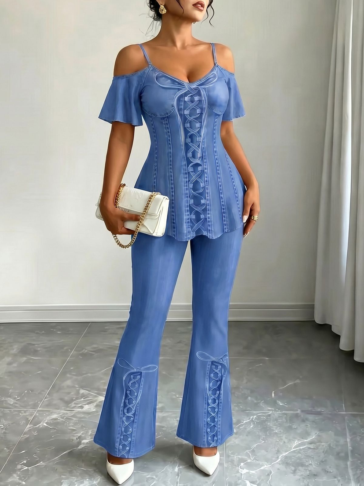 off Shoulder Faux Denim Two Piece Set Pure Alluring High Waisted Ruffled Top And High Waisted Flared Pants Women's Clothing_ecoleips.com