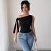 Women's Elegant Off-Shoulder Twist Knot Tie Detail T-Shirt For Office & Casual Wear - Solid Color Stretch Polyester Slim Fit Sleeveless Top_ecoleips.com