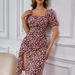 Women's Spring/Summer Puff Sleeve Slit Midi Dress French Square Neck Daisy Floral Print Bohemian Style Casual Dress_ecoleips.com