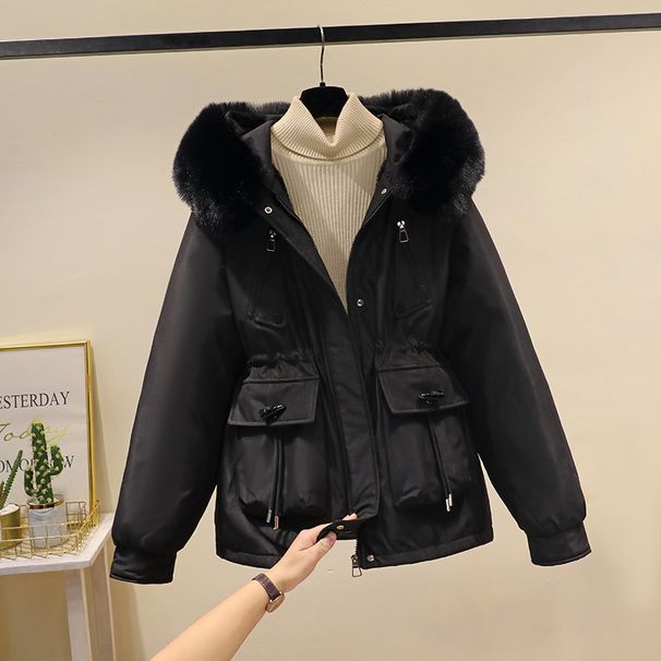 Women's Clothing Horn button parka women's autumn and winter new slim down cotton jacket fashionable plus velvet thick fur coat_ecoleips.com