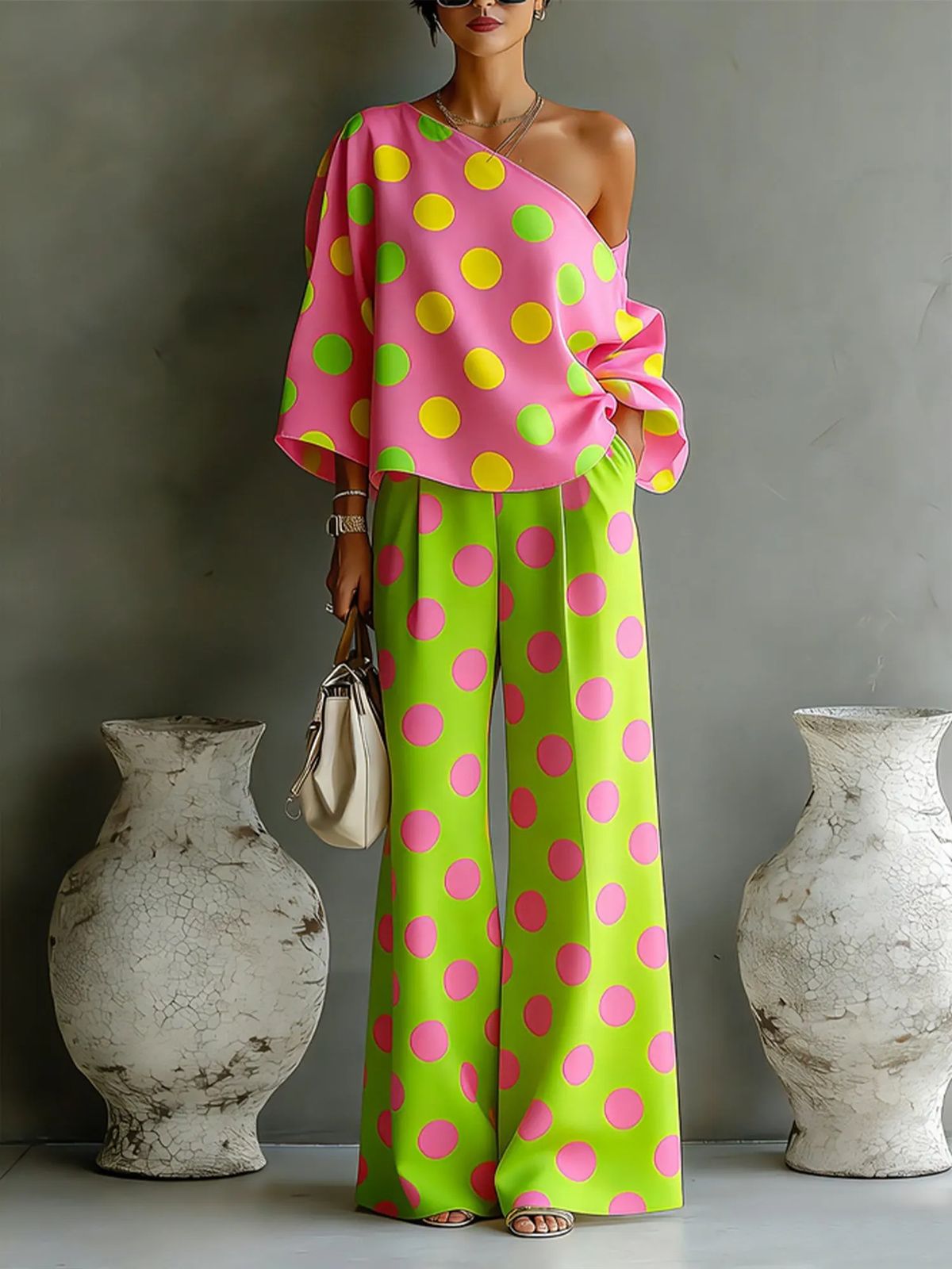 Women's Colorful Polka Dot Off-Shoulder Two-Piece Pants Set Summer_ecoleips.com