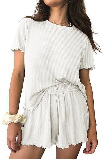 European American Summer Women's Soft Pajamas Ribbed Knit Ruffled Short-sleeve Home Casual Top And Shorts Set_ecoleips.com