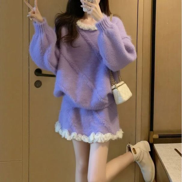 2025 Fall/Winter New Lazy Style Outfit: Knitted Sweater And Lace Skirt Two-Piece Set For Petite Women_ecoleips.com