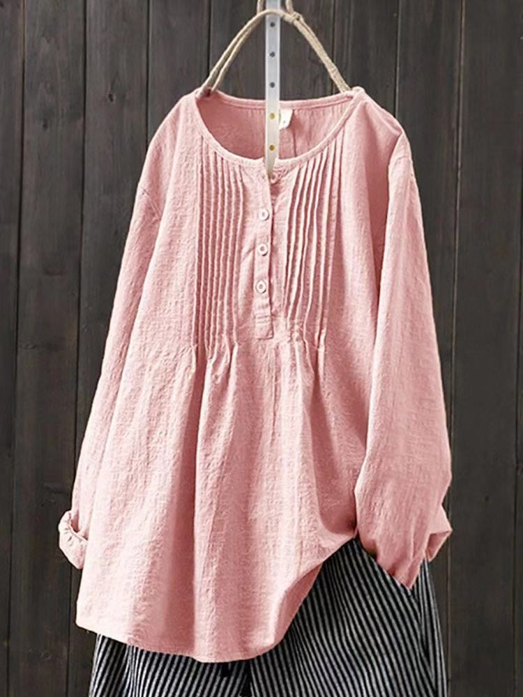Women's Clothing Literary Solid Color Shirt Women's Round Neck Pullover Loose Top Cotton Linen Blend Large_ecoleips.com