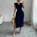 Women's White V-Neck Sleeveless Elastic Sundress Knit Bodycon Maxi Dress Solid Side Slit Casual Summer Daily Party Long Dress_ecoleips.com