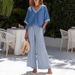 Women's V Neck Top And Straight Striped Casual Trousers Clothing Set_ecoleips.com