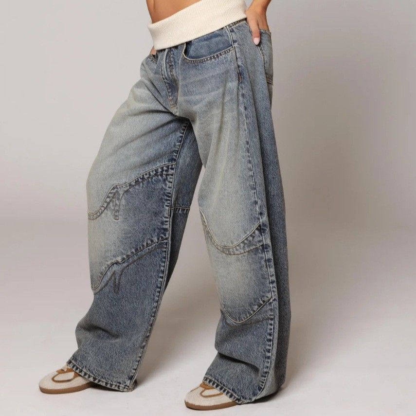 Women's Clothing Vintage Washed Distressed Blue Jeans – Unisex Straight Fit Loose Casual Denim Pants_ecoleips.com