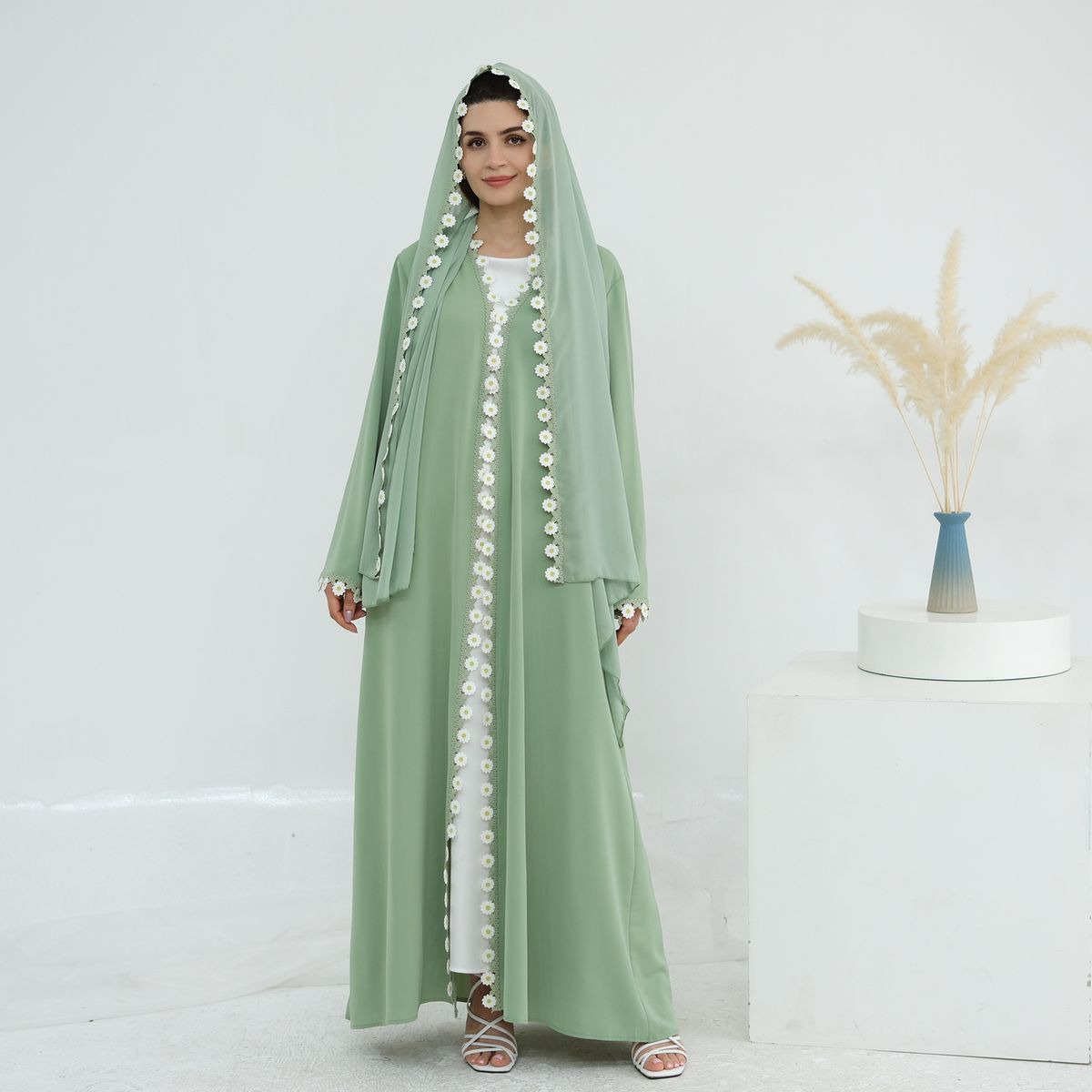 Floral Patchwork Cardigan & Scarf Set - Elegant Long Sleeve Blouse With 3D Embroidery, Office Chic & Casual Wear (Green, S/M/L/XL)_ecoleips.com