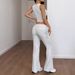 Women's Clothing Solid Color High-Waist Flare Pants Set - Stretchy Office Wear Two-Piece Outfit For Slimming Effect | Casual Wide Leg Trousers_ecoleips.com
