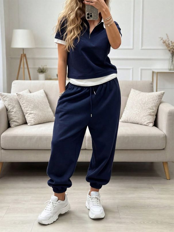 Women's Casual Suit Collared Patchwork T-Shirt And Elastic Waist Slim Fit Trousers Spring/Summer New Arrival from AliExpress_ecoleips.com
