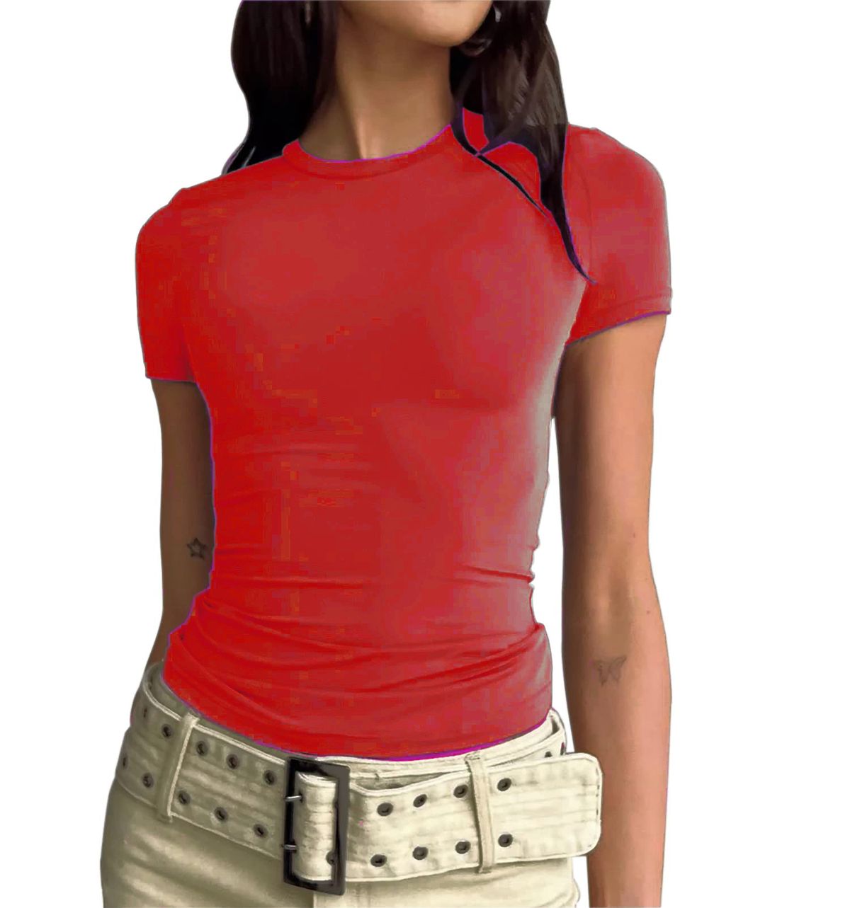 Women's Fashion Casual Short Sleeve Spring Autumn Solid Color Slim Fit Pullover T-Shirt Streetwear Base Shirt Top_ecoleips.com