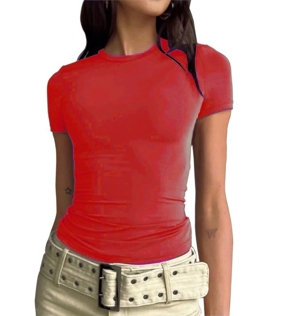 Women's Fashion Casual Short Sleeve Spring Autumn Solid Color Slim Fit Pullover T-Shirt Streetwear Base Shirt Top_ecoleips.com