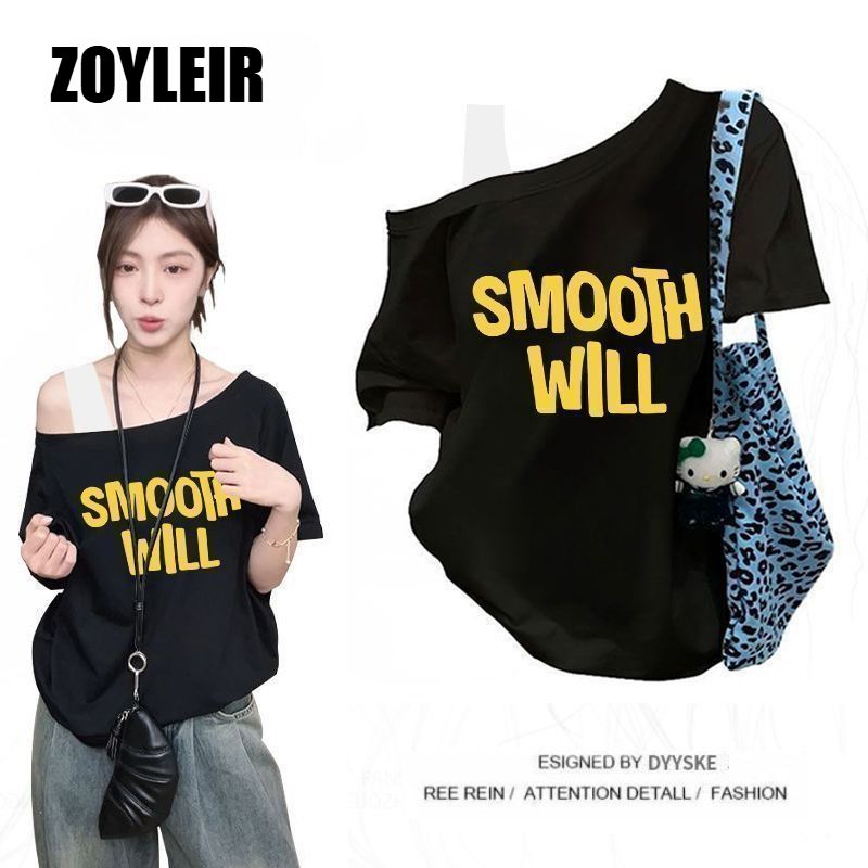Elegant Summer One Shoulder T Shirt Women Fake Two-piece Oversize Graphic T Shirts Short Sleeve Off Shoulder Top Sport Casual_ecoleips.com