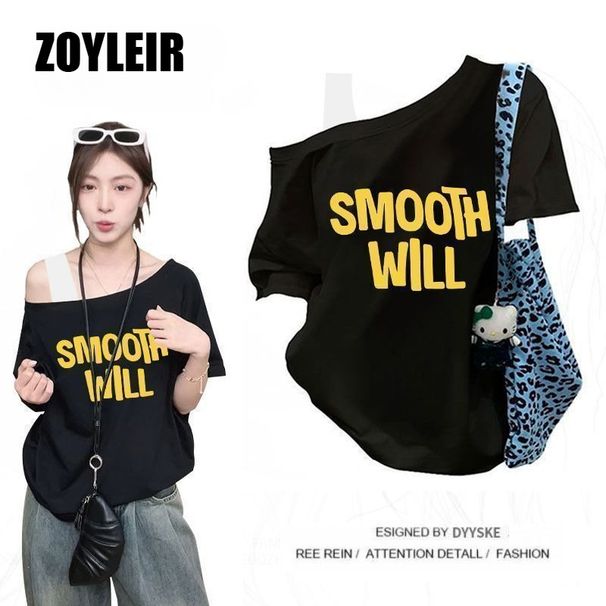 Elegant Summer One Shoulder T Shirt Women Fake Two-piece Oversize Graphic T Shirts Short Sleeve Off Shoulder Top Sport Casual_ecoleips.com
