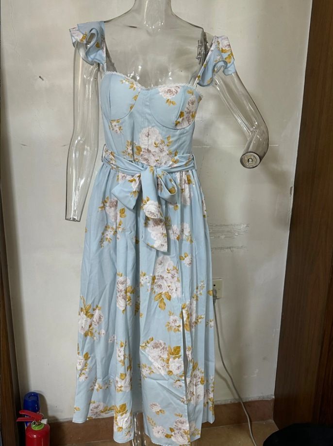 2023 Summer New European And American Cross-Border Fashion Floral Print French Retro Waist-Cinching Strap Dress_ecoleips.com