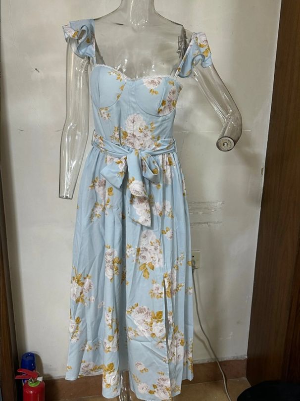 2023 Summer New European And American Cross-Border Fashion Floral Print French Retro Waist-Cinching Strap Dress_ecoleips.com