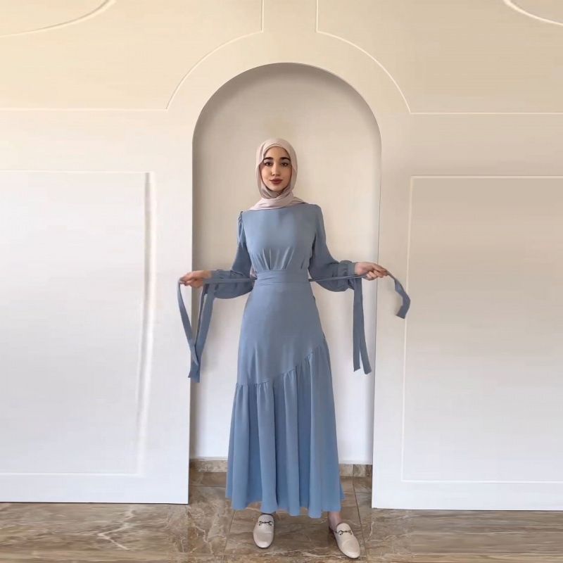Arab Muslim Dubai 2025 Spring New Fashion Long Sleeve Tie Waist Midi Dress Set_ecoleips.com