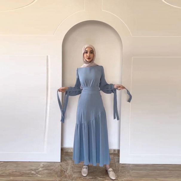 Arab Muslim Dubai 2025 Spring New Fashion Long Sleeve Tie Waist Midi Dress Set_ecoleips.com