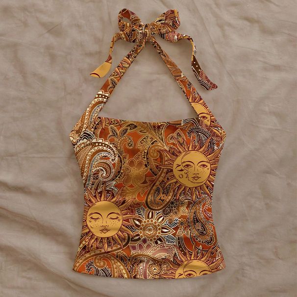 Women's Halter Neck Cami Top, Floral Print Bodycon Sleeveless Shirt, Elegant Sexy Summer Basic Soft & Stretchy Fabric_ecoleips.com