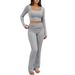 Women's Ribbed Knit Tracksuit Set Long Sleeve Square Neck Top And Jogger Pants Casual Loungewear Outfit_ecoleips.com