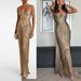 Elegant Pleated Metallic Gold Wrap Dress – High-Slit Party & Evening Gown For Women Breathable Polyester_ecoleips.com