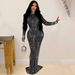 Women's Clothing Elegant Mesh Rhinestone Embellished Solid Color Long Dress Round Neck Long Sleeve Midi Dress Stretch Polyester Spandex Bodycon Dress_ecoleips.com