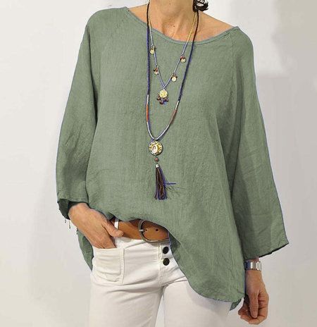 Women's Clothing Women's Solid Color Cotton Linen Round Neck Raglan Sleeve Top Three Quarter Length Shirt For Formal & Casual_ecoleips.com