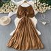 Women's French Style Tie Neck Puff Sleeve Dress Gentle Elegant Summer Casual Long Dress Simple Commuting Style_ecoleips.com