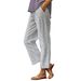 Women's Loose Straight Striped Trousers Cotton Linen Elastic Waist Pocket Design New_ecoleips.com