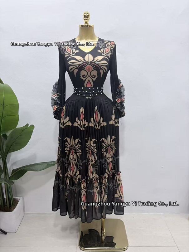 Women's V-Neck Slimming Dress Pleated Waist Long Sleeve Printed Style For Vacation Long Skirt_ecoleips.com
