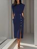 Fashion Royal Sister Style Solid Color Round Neck Waist Split Metal Buttons Summer Dress Women_ecoleips.com