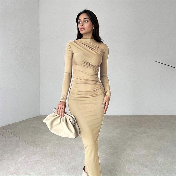 Women's Slim Fit High End Solid Color Long Dress Spring Autumn European American Style Temperament Bodycon Slit Dress_ecoleips.com