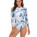 New European And American One Piece Swimsuit Women's Long Sleeved Sports Solid Color Stitching Swimsuit Women's Surfing Suit Wholesale_ecoleips.com