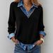 Women's Denim-Paneled Knit Top – V-Neck Long Sleeve Ribbed T-Shirt With Faux Layered Look (Black/Cream)_ecoleips.com