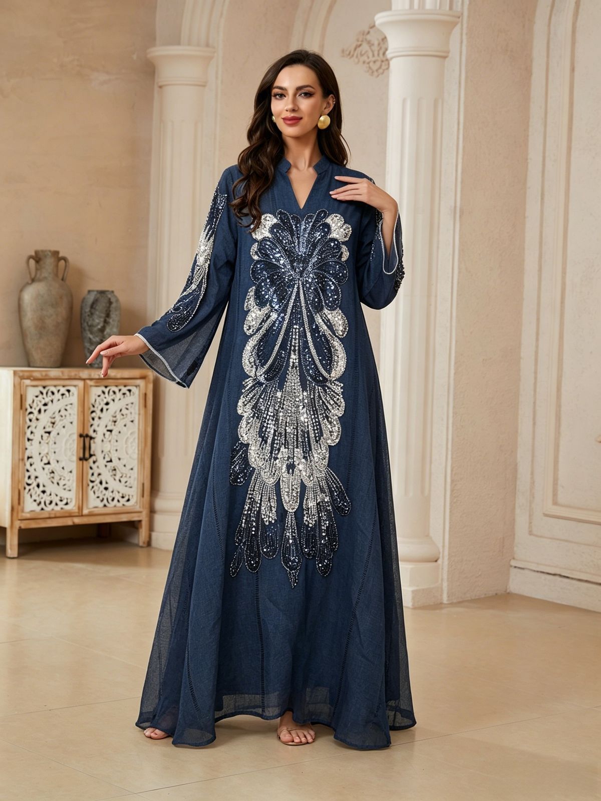 NC209 Beaded Long Robe V Neck Slimming Dress Luxury Loose Fit Fashion Evening Gown Jalabiya for Women_ecoleips.com