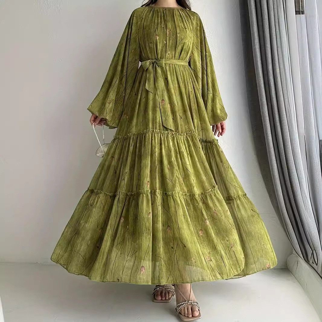 Ladies New Muslim Chiffon Belt Robe Fashion Elegant Dress_ecoleips.com