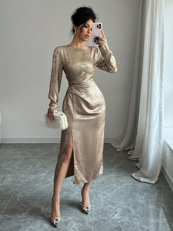 Voya Voya Autumn New Women's Gold Foil Round-neck Long-sleeve Dress With Slim Waist, Pleated Design, And Asymmetrical Slit Hem_ecoleips.com
