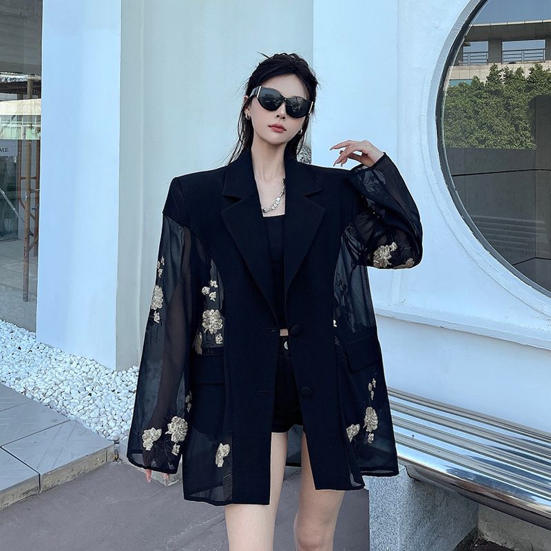 Elegant Floral Embroidered Mesh Blazer For Women, Lightweight Cropped Office Jacket, Versatile Summer Cover-Up_ecoleips.com