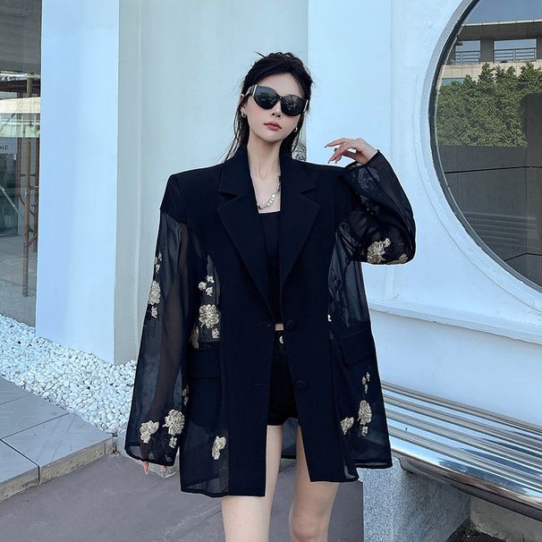 Elegant Floral Embroidered Mesh Blazer For Women, Lightweight Cropped Office Jacket, Versatile Summer Cover-Up_ecoleips.com